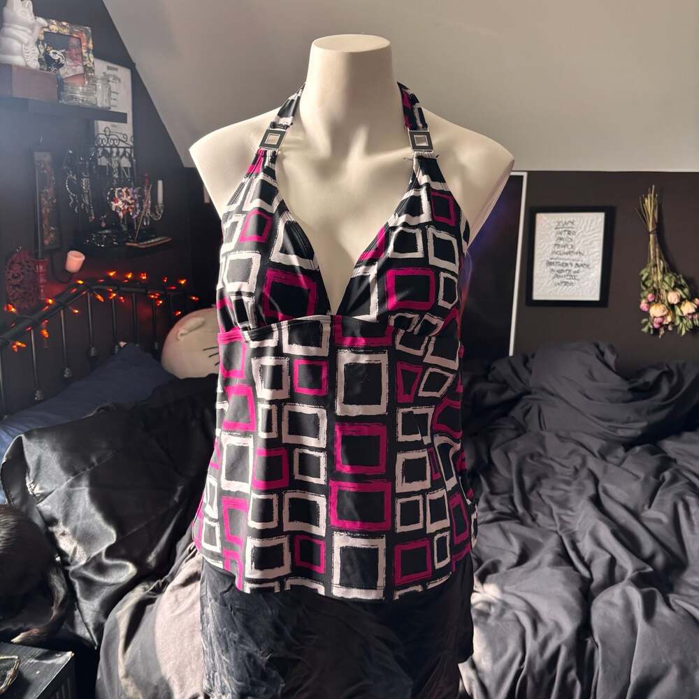 Apt 9 Tankini Swim Top Women's Black White Pink Geometric Halter
